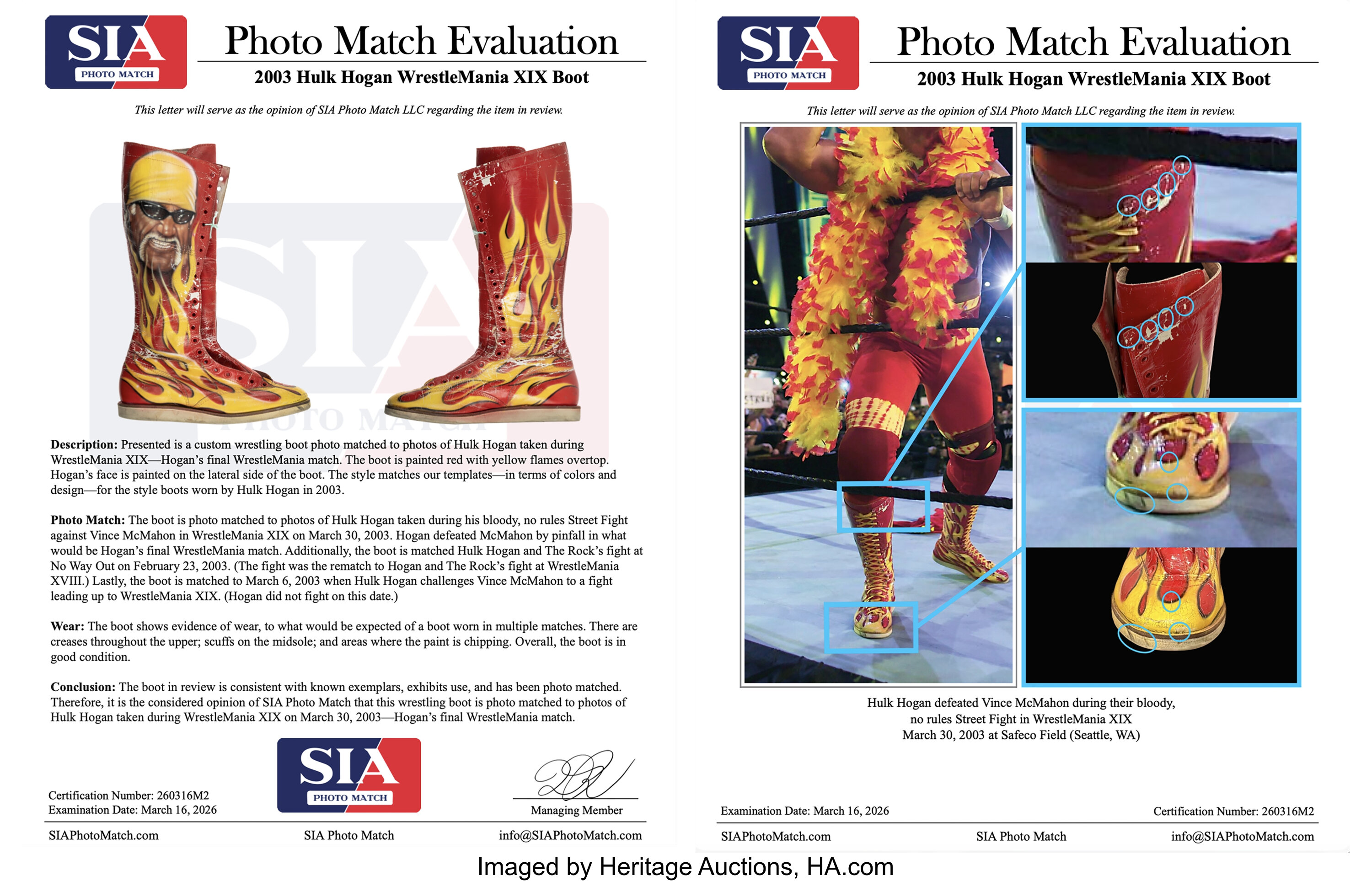 Sole and tread close-up of Hulk Hogan match-used boot displaying heavy wear from 2003 matches