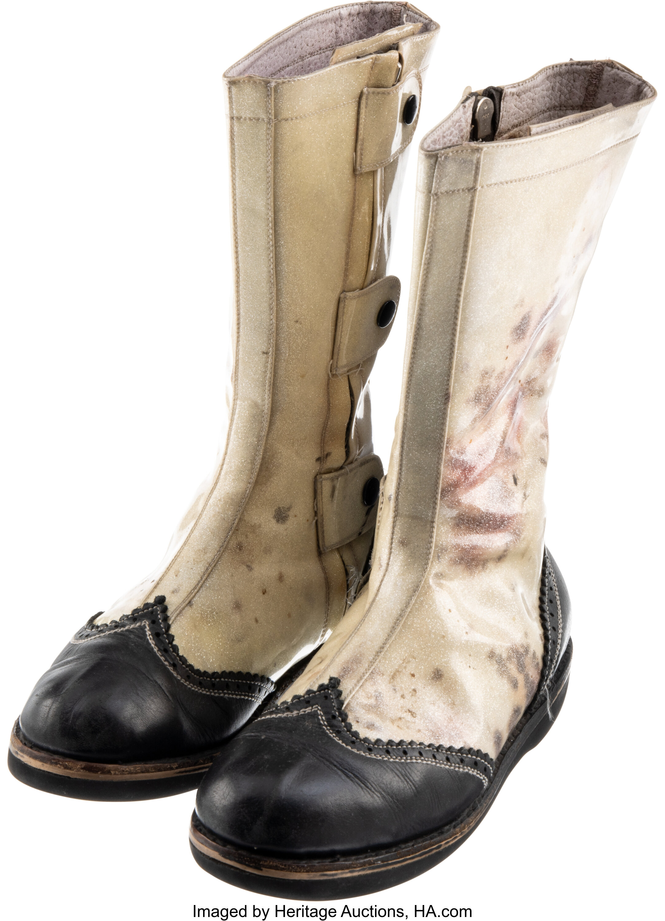 Alternate side angle of Bray Wyatt match-worn signed boots highlighting leather texture, stitching and in-ring scuffing from NXT and WWE appearances, Heritage lot 9133