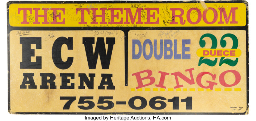 Main front view of Mid-1990s Extreme Championship Wrestling ECW 2300 Arena outdoor sign showing full venue logo and graphics, extensively signed by numerous ECW wrestlers and presented as rare Philadelphia wrestling memorabilia
