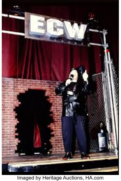 Close up of distressed ECW logo and printed graphics on mid‑1990s event‑worn entrance sign with provenance Heritage Auctions lot 9137 sold $13,420 May 17, 2026