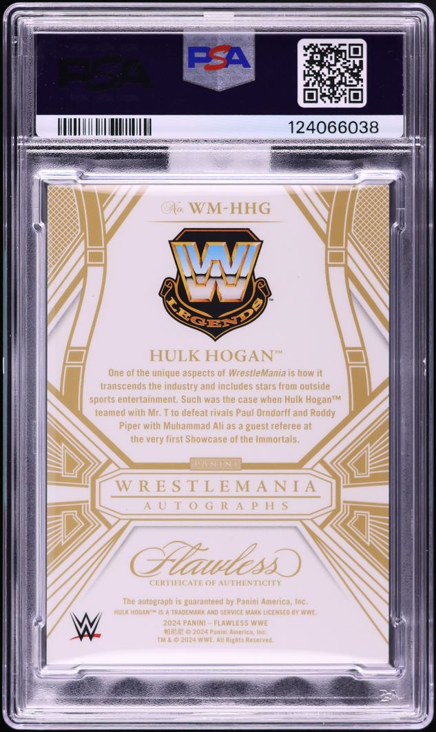 Close-up angled detail of the 2024 Panini Flawless WrestleMania Platinum Hulk Hogan autograph highlighting the signature, DNA authentication (AUTO DNA 10) and PSA 7 certification on the slab