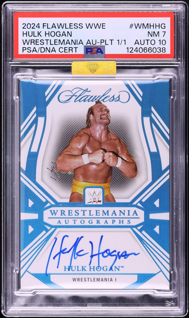 Main front view of 2024 Panini Flawless WWE WrestleMania Platinum Hulk Hogan 1/1 autographed trading card (AUTO DNA 10) in PSA slab displaying PSA 7 grade and #WM-HHG serial