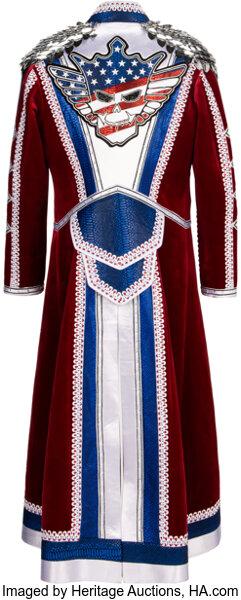 Close-up detail of interior photo-match and authentication tags on Cody Rhodes 2024 Saturday Night's Main Event match-worn robe vs Kevin Owens with visible fabric wear, stitching and provenance, Heritage auction lot 10035