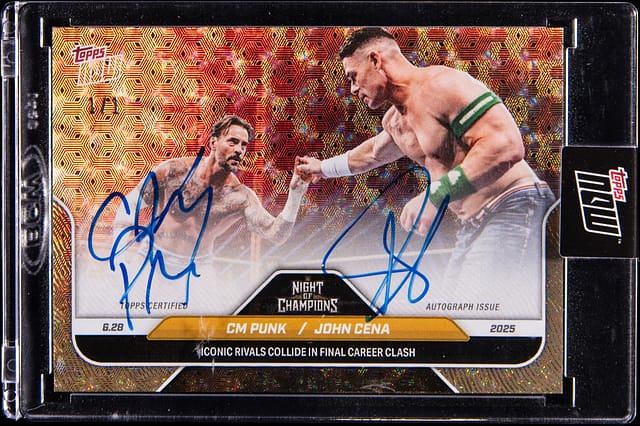 Main front view of 2025 Topps Now Night Of Champions FoilFractor Autograph #78A dual‑signed CM Punk & John Cena card (#1/1) showing full FoilFractor refractor pattern, clear CM Punk and John Cena signatures and Topps Encased tamper‑resistant holder with visible card ID
