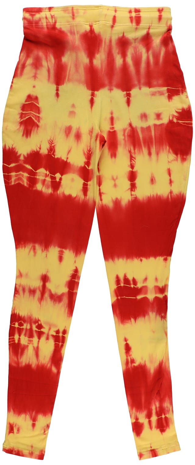 Alternate full-length view of Hulk Hogan 2002 match-worn red/yellow tie-dye tights showing signature and inscription, authenticated and matched to televised WWE singles match vs. Ric Flair with SIA and Beckett LOAs