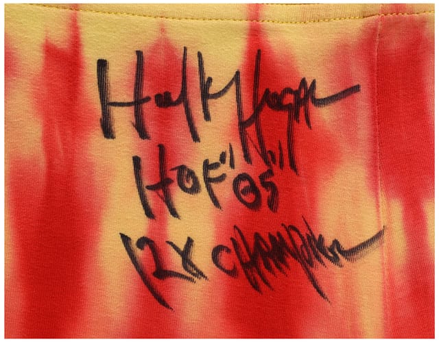 Back detail close-up of Hulk Hogan match-worn tie-dye tights highlighting rear seam, fabric wear and ring-used condition from championship-era matches, supported by SIA Photo Match and Beckett LOAs