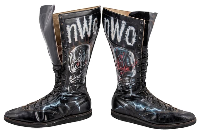 Front view of Dennis Rodman event-worn wrestling boots from WCW Bash At The Beach July 12, 1998 showing overall condition and design with Resolution Photomatching and JSA COAs