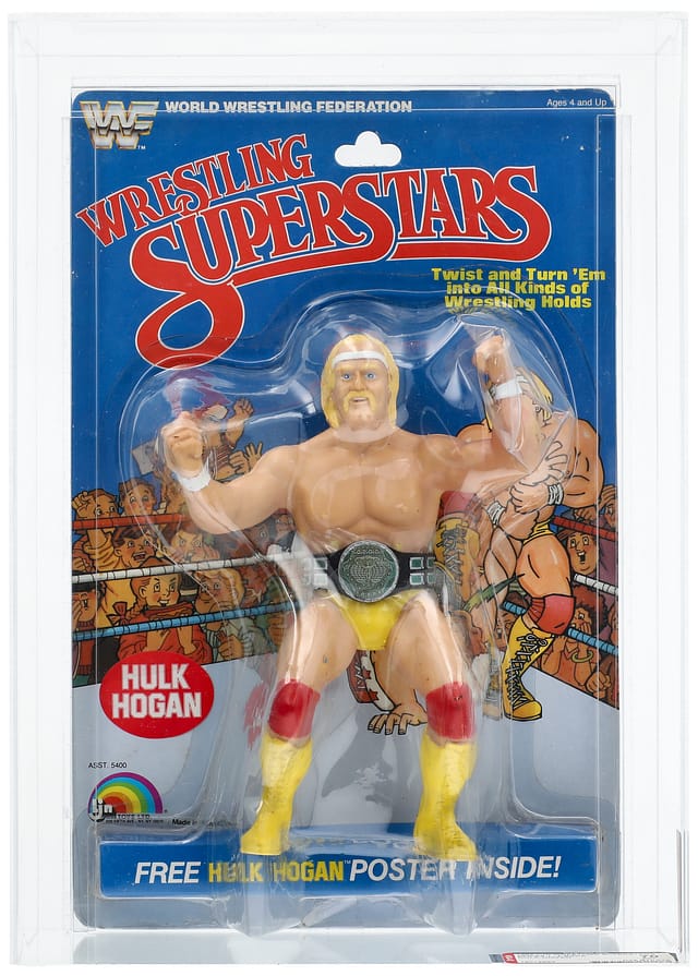 Full front view of 1984 LJN Wrestling Superstars First Print Series 1 Hulk Hogan carded action figure (5-Back) showing original card art, blistered figure and AFA EX+ 70 grade visible