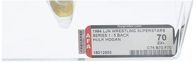 Angled close-up and back detail of 1984 LJN Series 1 First Print Hulk Hogan 5-Back carded action figure highlighting AFA EX+ 70 certification serial, bubble clarity, card back artwork and figure paint details