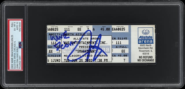 Main front view of Jun. 25, 2002 John Cena WWE debut full event ticket signed and inscribed by John Cena, graded PSA EX-MT 6 with PSA/DNA GEM MT 10 autograph certification #1010491 showing full ticket face and signature detail