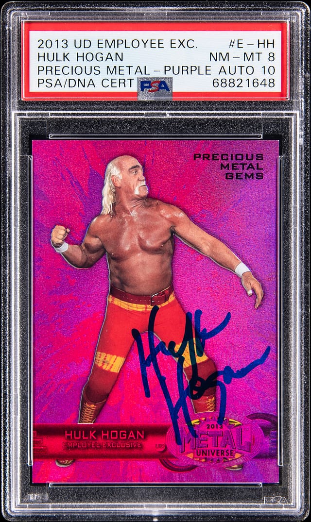 Main front view of 2013 Upper Deck Employee Exclusive Precious Metal Gems (PMG) Purple E-HH Hulk Hogan signed card #122/125 — Purple PMG parallel, PSA NM-MT 8 overall grade with PSA/DNA GEM MT 10 autograph grade, numbered 122/125, Pop 4, Goldin listing $21,966
