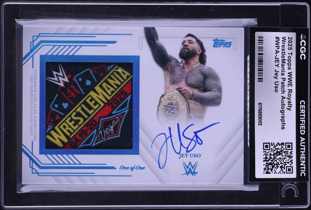 Main front view of 2025 Topps WWE Royalty WrestleMania Jey Uso Patch Auto 1/1 collectible card showing full autograph, oversized multicolored patch, Topps and WrestleMania branding, and visible CGC Authenticated slab with #WPA-JEY