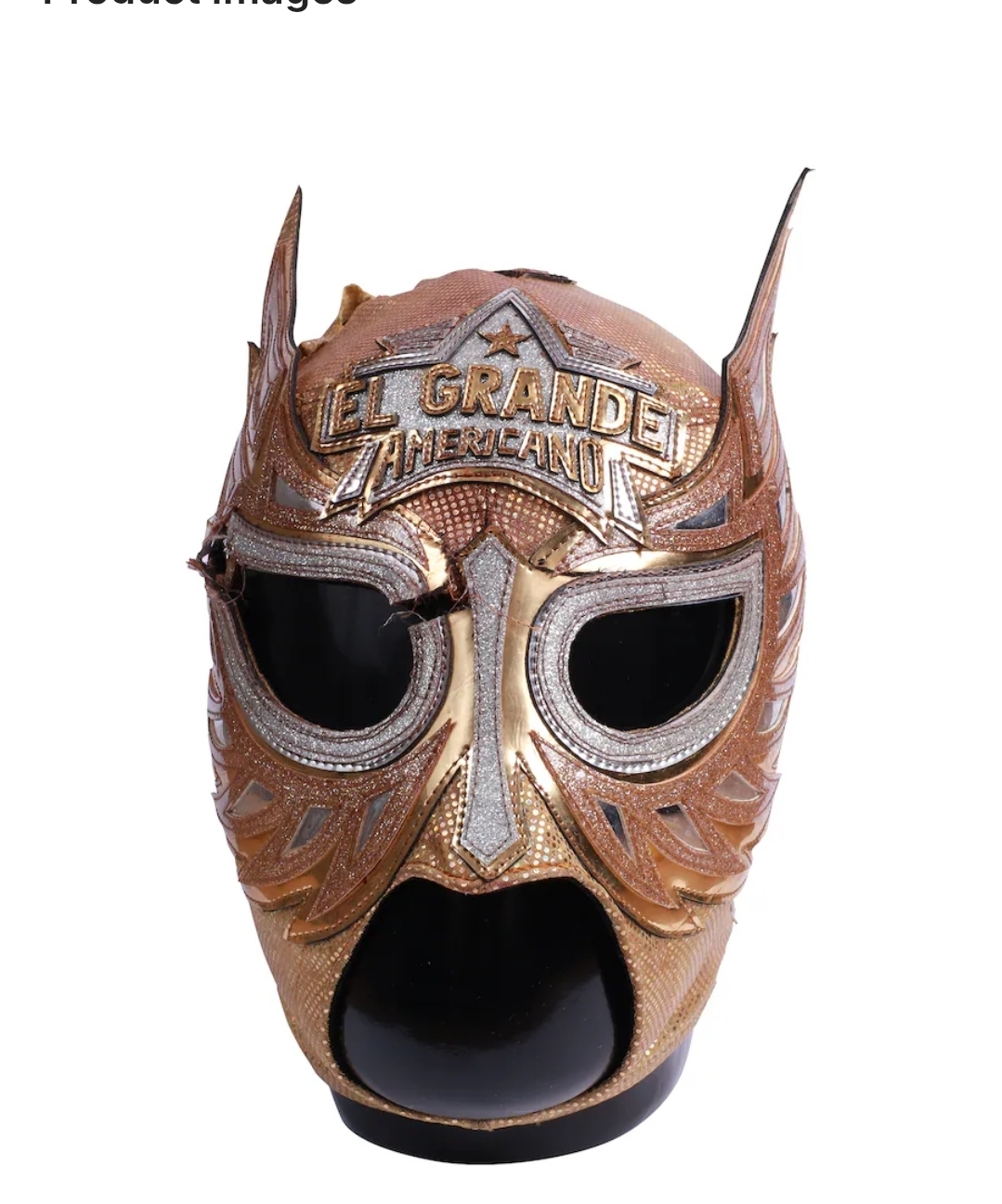 Front view of authentic AAA match-used El Grande Americano autographed lucha mask worn in the Noche de Los Grandes Mascara vs. Mascara match May 30 2026