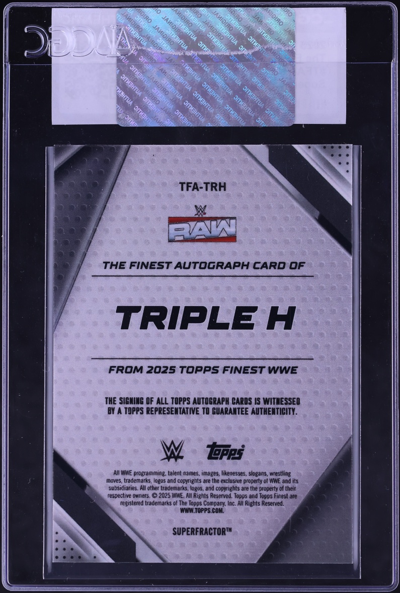 Close-up angled detail of 2025 Topps Finest SuperFractor Triple H AUTO 1/1 highlighting the on-card signature, 1/1 serial designation, refractor sparkles and visible CGC AUTH certification label