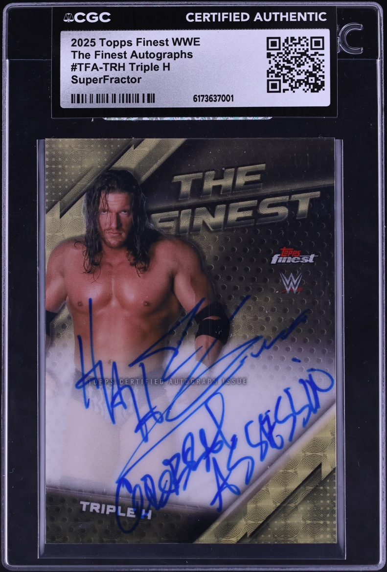 Front view of 2025 Topps Finest WWE The SuperFractor Triple H AUTO 1/1 card in CGC AUTH slab showing full holographic SuperFractor pattern, Triple H portrait, Topps Finest branding and authenticated on-card autograph