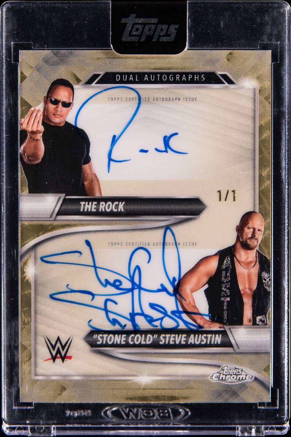 Main front view of 2025 Topps Chrome WWE Dual Autograph SuperFractor #CDA-RS The Rock/"Stone Cold" Steve Austin 1/1 dual-signed card in Topps Encased slab showing full chrome front and signatures