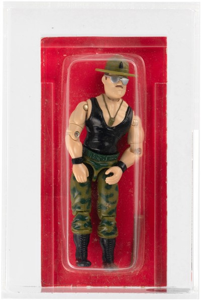 Main front view of G.I. Joe Sgt. Slaughter Drill Instructor Series 5 Hasbro action figure final engineering pilot on original blister card showing full packaging artwork and figure details graded CAS 85+ Hake's Lot 78646