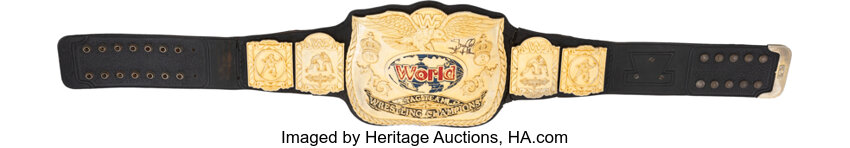 Alternate angled full length view of the 49.25 inch WWF tag team belt famously thrown by Stone Cold Steve Austin over a bridge during feud with The Rock