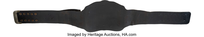 Back and side view showing missing WWF side plate tied to The Headshrinkers and overall leather condition with water saturation and oxidation