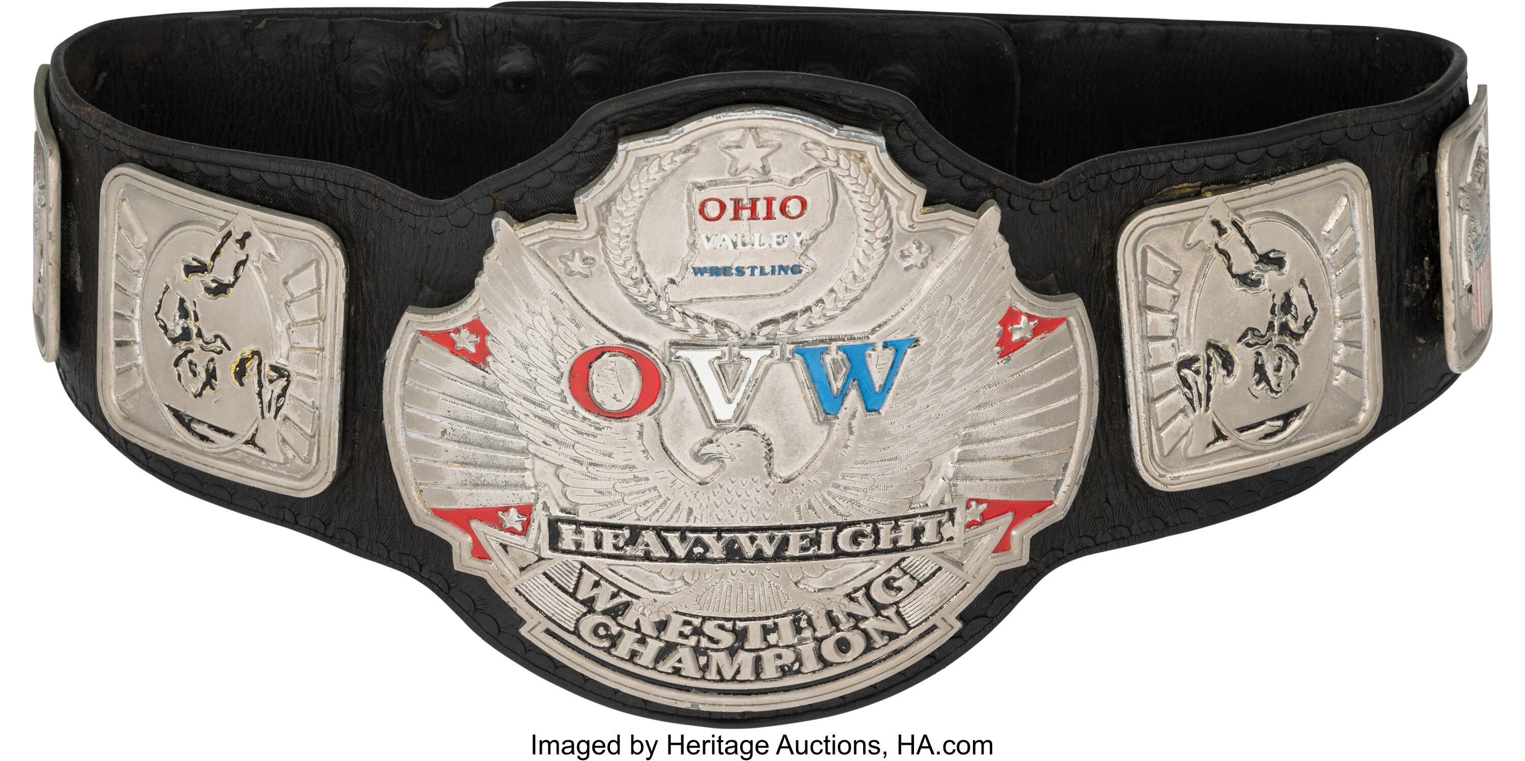 Main front view of 1997–2012 Ohio Valley Wrestling (OVW) Heavyweight Championship belt crafted by Reggie Parks, match-used title won by John Cena, Cody Rhodes, CM Punk and Batista showing center plates and worn leather