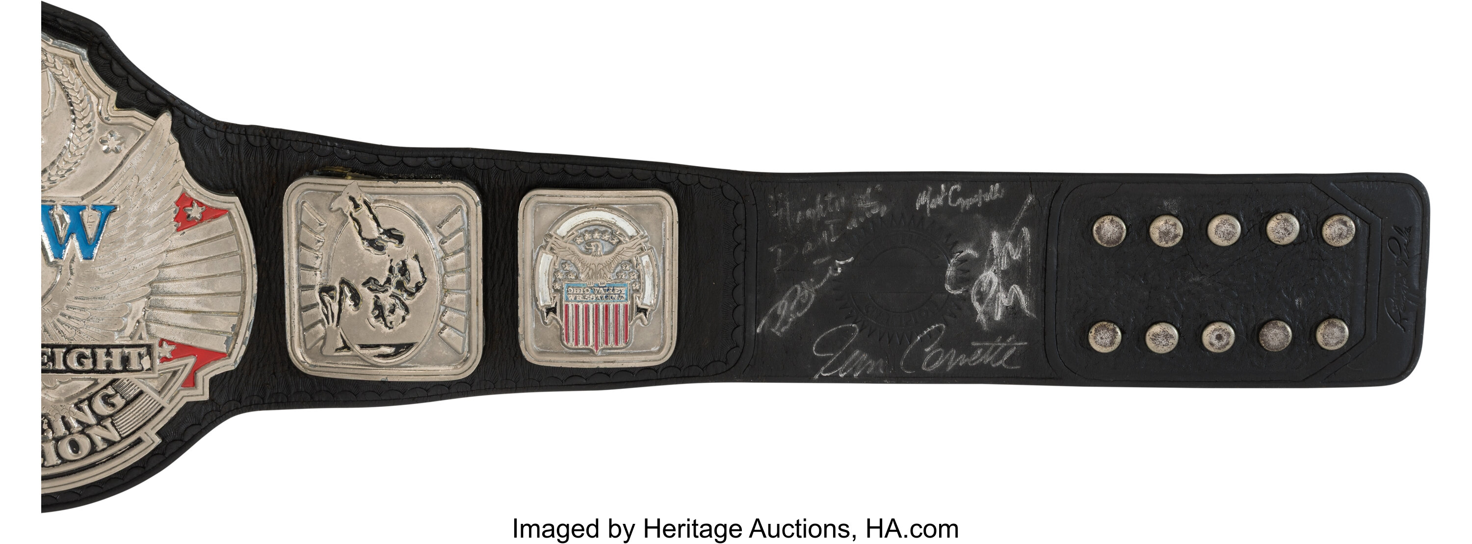 Close-up of front plate autographs in silver paint pen including CM Punk, Cody Rhodes, Jim Cornette, Danny Davis, Matt Capotelli, Nick Dinsmore, Ryback, Mike "Nova" Bucci and Paul Burchill with visible smudging