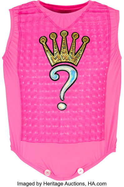 Angled alternate view of Rey Mysterio 2012 match worn ring attire showing mask and signature colorful design used at Survivor Series