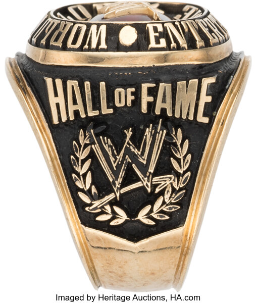 Angled profile view of 1996 Pat Patterson original WWF Hall of Fame ring highlighting band shape and side details