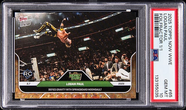 Main front view of 2025 Topps Now WWE FoilFractor #65 Logan Paul Rookie Card (1/1) PSA GEM MT 10 — Topps rookie FoilFractor parallel with reflective finish, WWE branding and 1/1 serial designation, premium graded collectible from Goldin