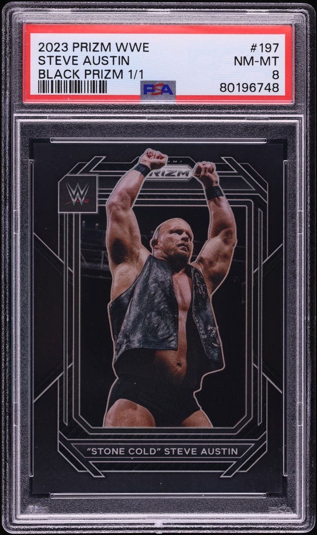Main front close-up of 2023 Panini Prizm WWE Black 1/1 Stone Cold Steve Austin #197 — one‑of‑one superfractor‑style Black Prizm parallel slabbed and graded PSA 8 NM‑MT showing reflective finish, card face detail and PSA certification label