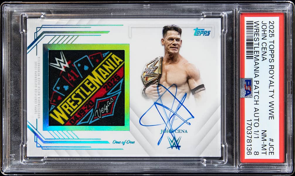 Main front view of 2025 Topps Royalty WWE WrestleMania Patch Autographs WPA-JCE John Cena signed 1/1 card featuring WrestleMania 41 used patch PSA NM-MT 8 highlighting Cena's final WrestleMania and record 17th WWE Championship win