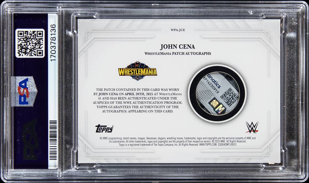 Close up detail of the WrestleMania 41 match-used patch textile and John Cena on-card autograph on the 2025 Topps Royalty WPA-JCE one-of-one card with visible PSA NM-MT 8 label showcasing signature placement and patch stitching