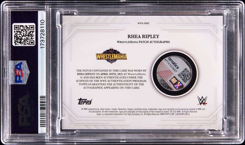 Close-up alternate view highlighting the Rhea Ripley 1/1 patch and autograph detail on the 2025 Topps Royalty WrestleMania card showing fabric texture, signature clarity and PSA Authentic slab label