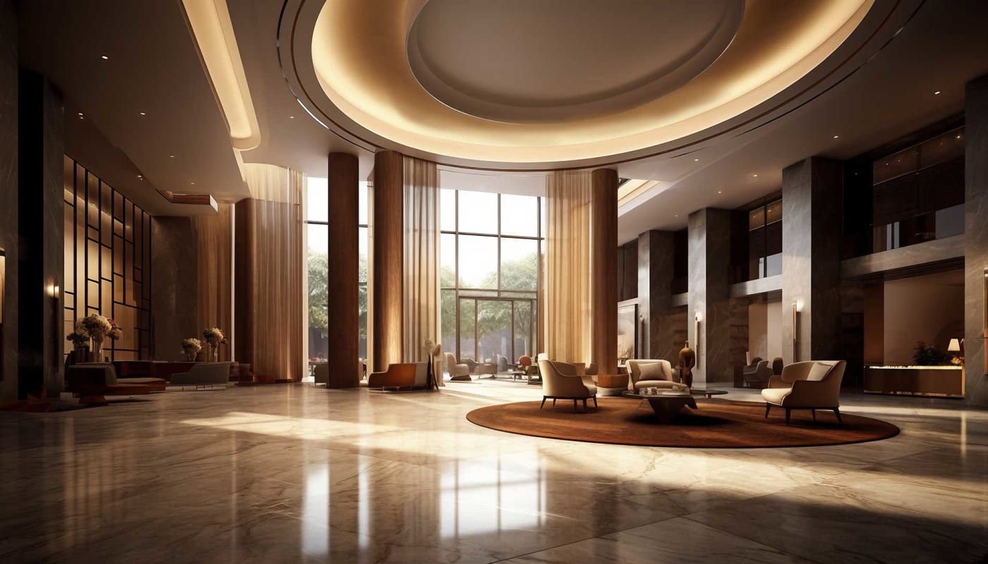 Lobby prepared for a corporate convention