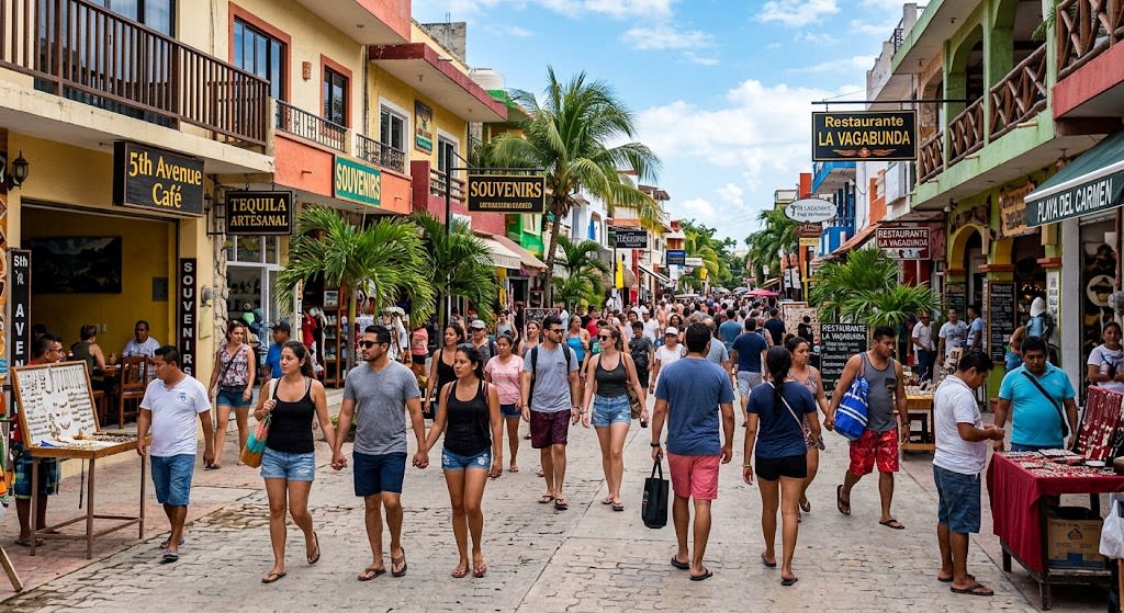 Visitors walking among shops and craft stands in Playa del Carmen