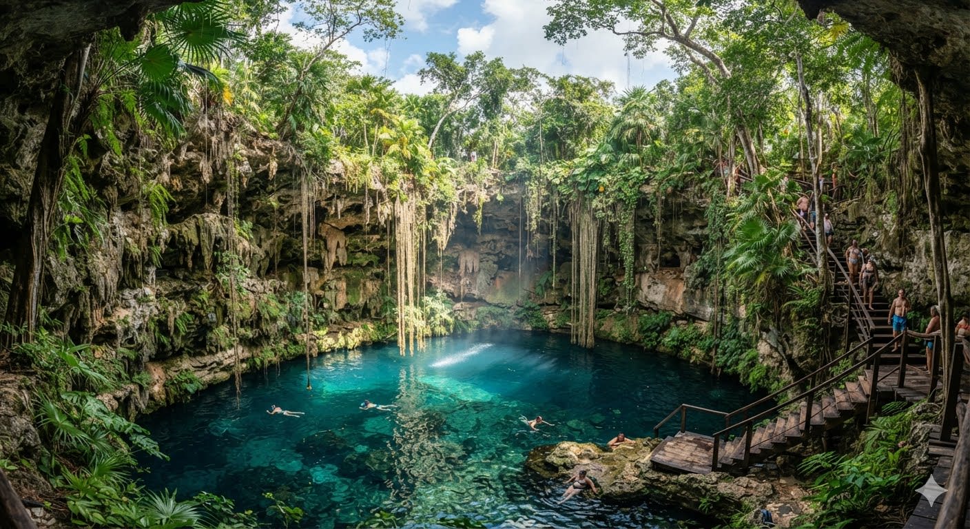 Cenote surrounded by vegetation in the Riviera Maya