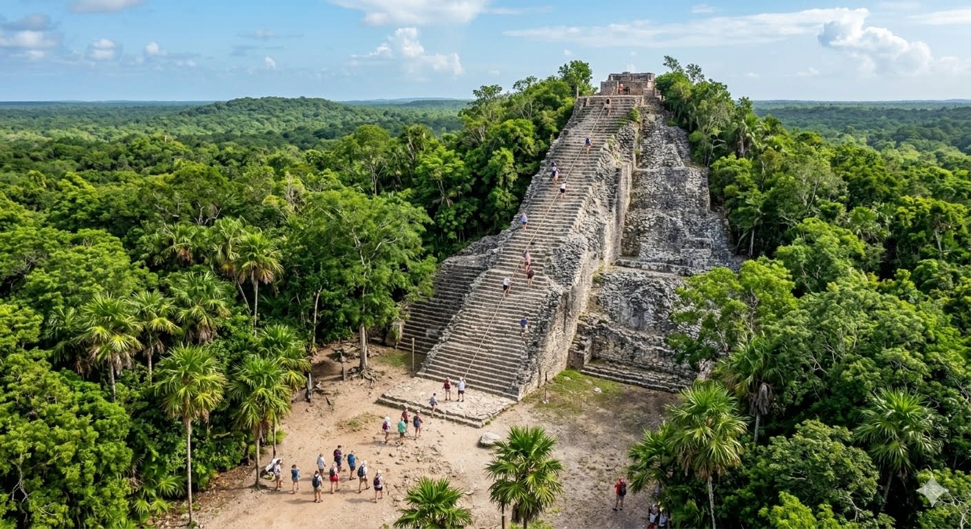 Cobá archaeological site surrounded by jungle