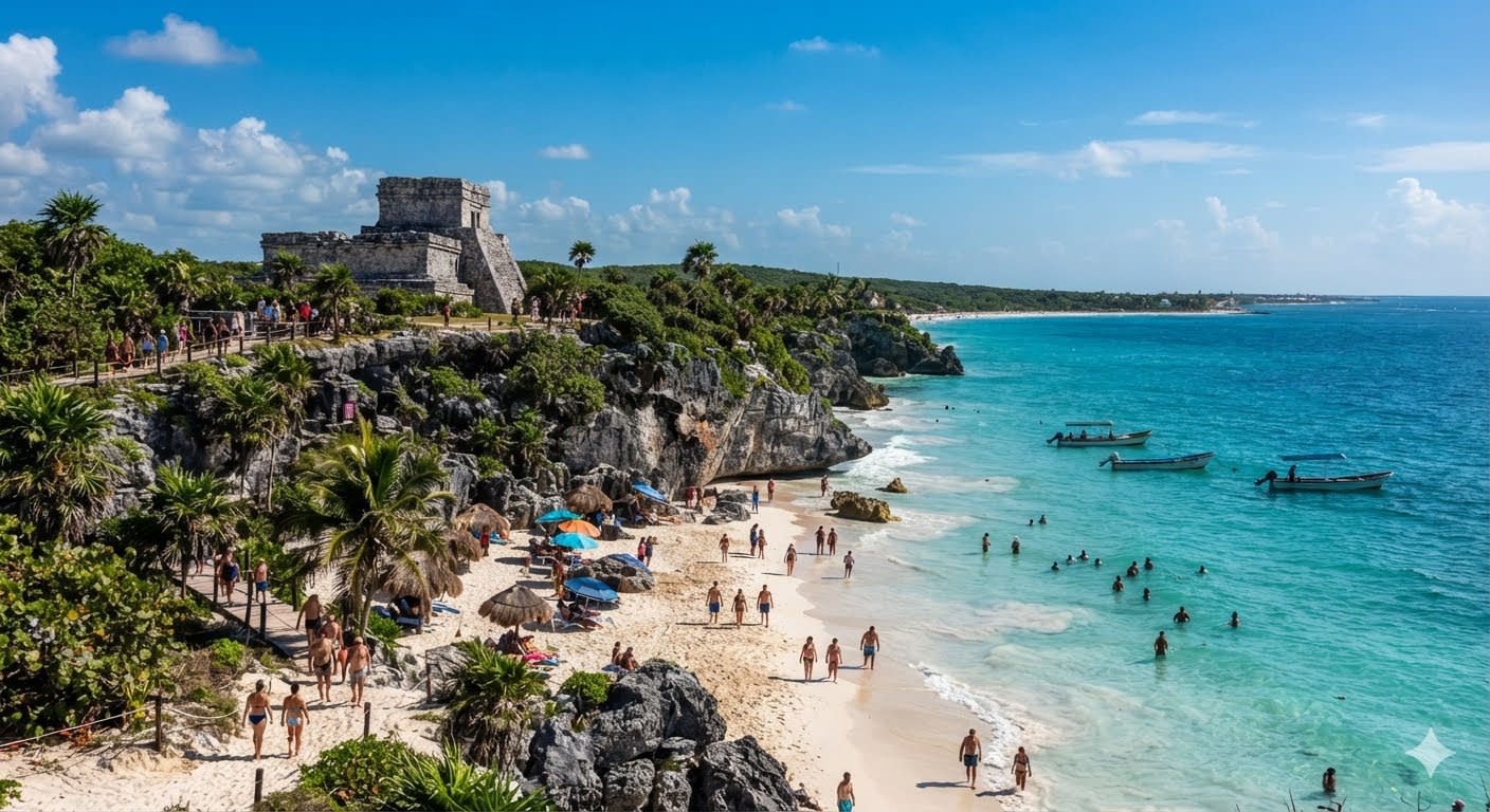 Tulum coast and archaeological site overlooking the Caribbean Sea