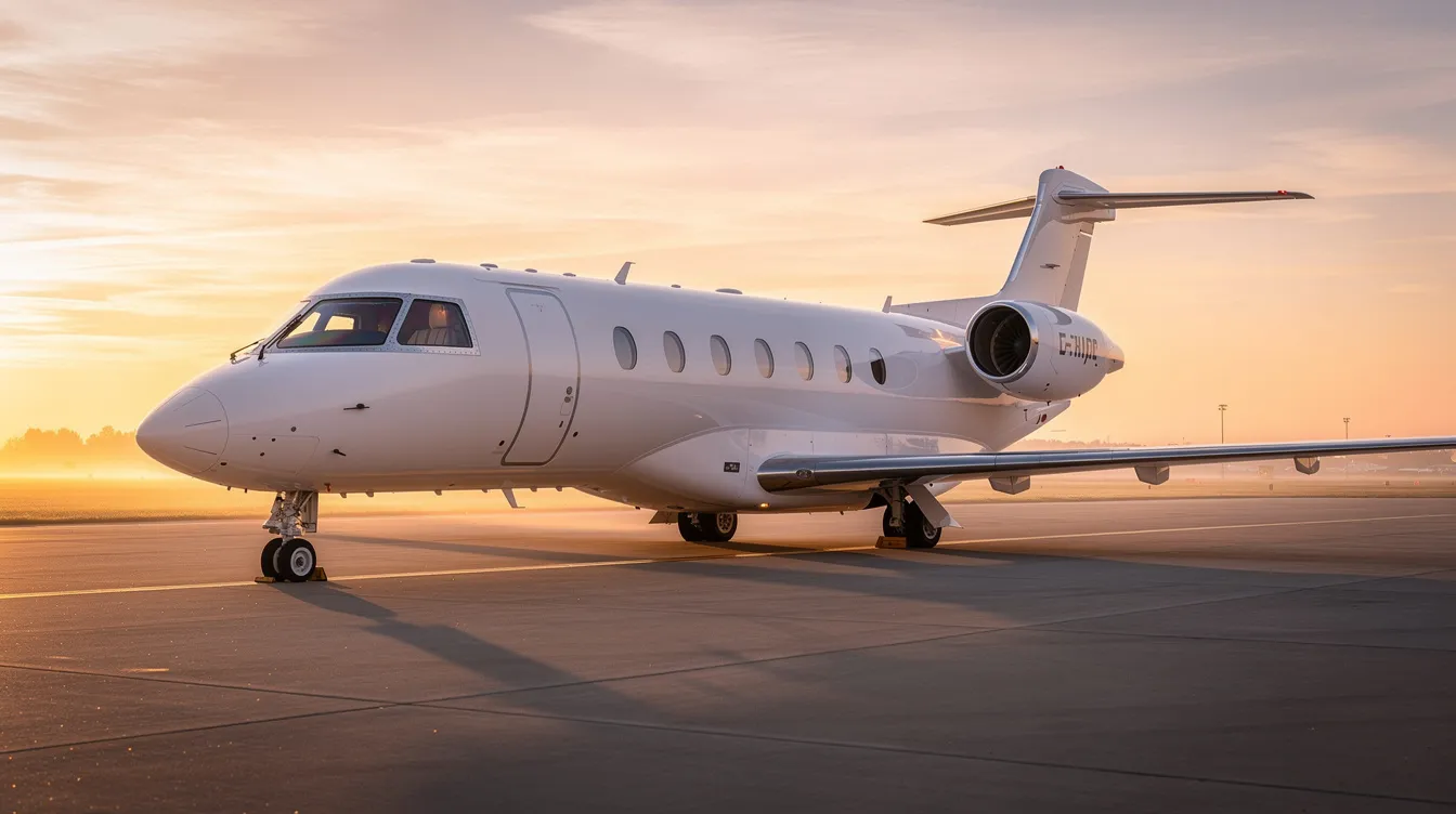A sleek private jet is parked on a quiet airport ramp bathed in the warm hues of sunrise, symbolizing the allure of private aviation and fractional jet ownership. This tranquil scene highlights the benefits of guaranteed access and operational flexibility that fractional owners enjoy in their private jet travel experience.
