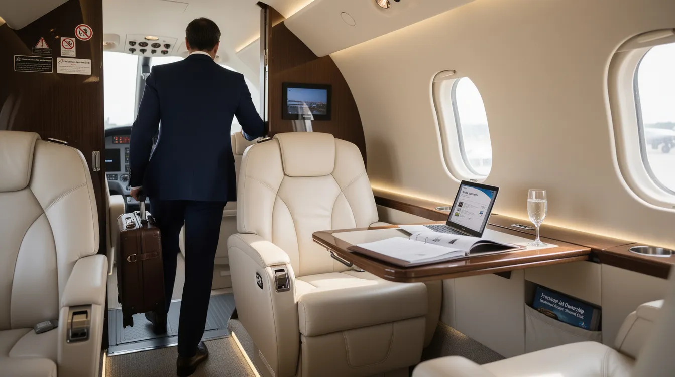 An executive traveler is stepping into the luxurious cabin of a midsize private jet, highlighting the elegance of private aviation. This scene emphasizes the benefits of fractional jet ownership, where multiple owners enjoy guaranteed access to a high-end aircraft without the full costs of ownership.
