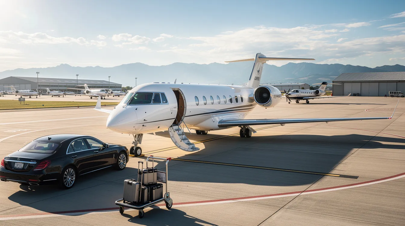 The image depicts a sleek private jet parked at a small airport, showcasing the luxury of private aviation. This very light jet is ready for passengers to embark on their private flights, offering a cost-effective and convenient travel experience compared to commercial aviation.