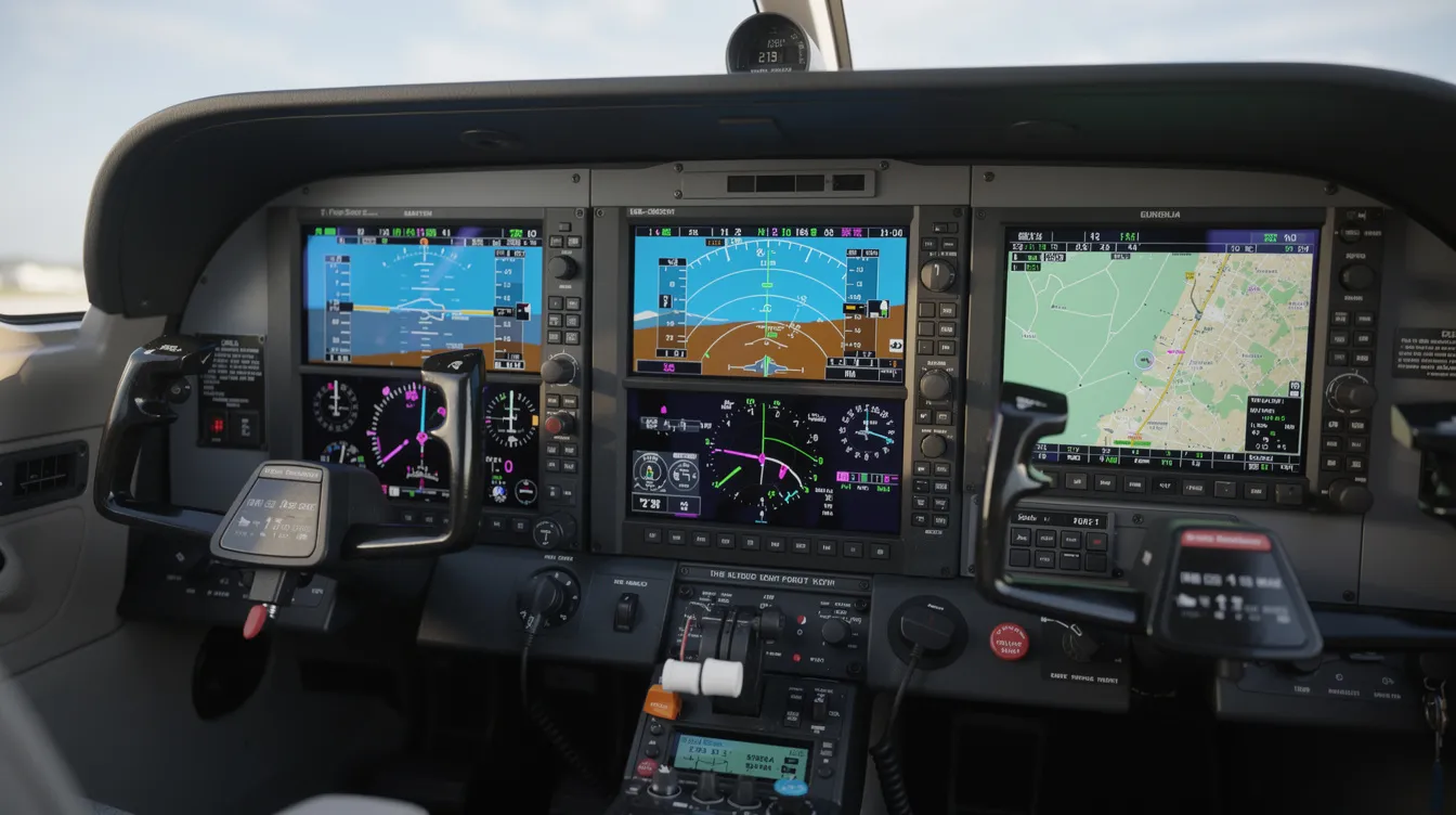The image features a close-up view of a modern glass cockpit in a light aircraft, showcasing colorful digital flight displays that assist pilots flying. This advanced avionics system enhances safety and efficiency, making it ideal for private pilots and flight training.