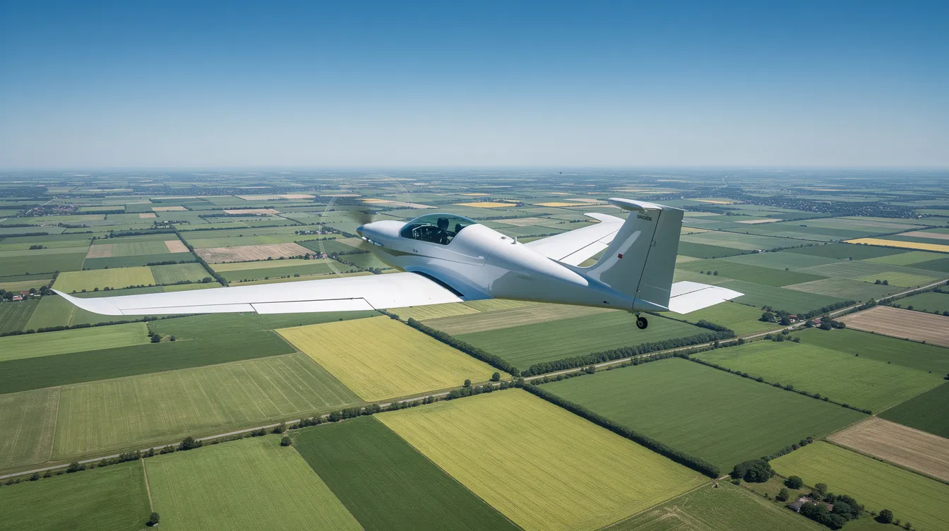 A sleek composite single-engine aircraft, known for its efficient performance and strong safety record, soars gracefully over a patchwork of green farmland under clear blue skies. This modern plane, ideal for private pilots and flight training, showcases its forgiving flight characteristics and advanced systems as it navigates the tranquil landscape below.