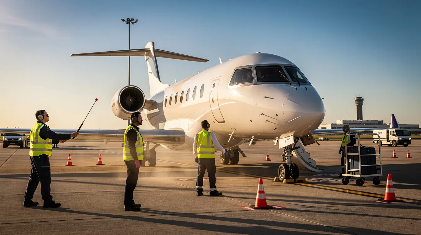 A modern private jet is parked on the tarmac, with ground crew members preparing for departure under a clear blue sky. The aircraft, featuring advanced systems and efficient performance, is ready to take off, showcasing the reliability and strong safety record of contemporary aviation.