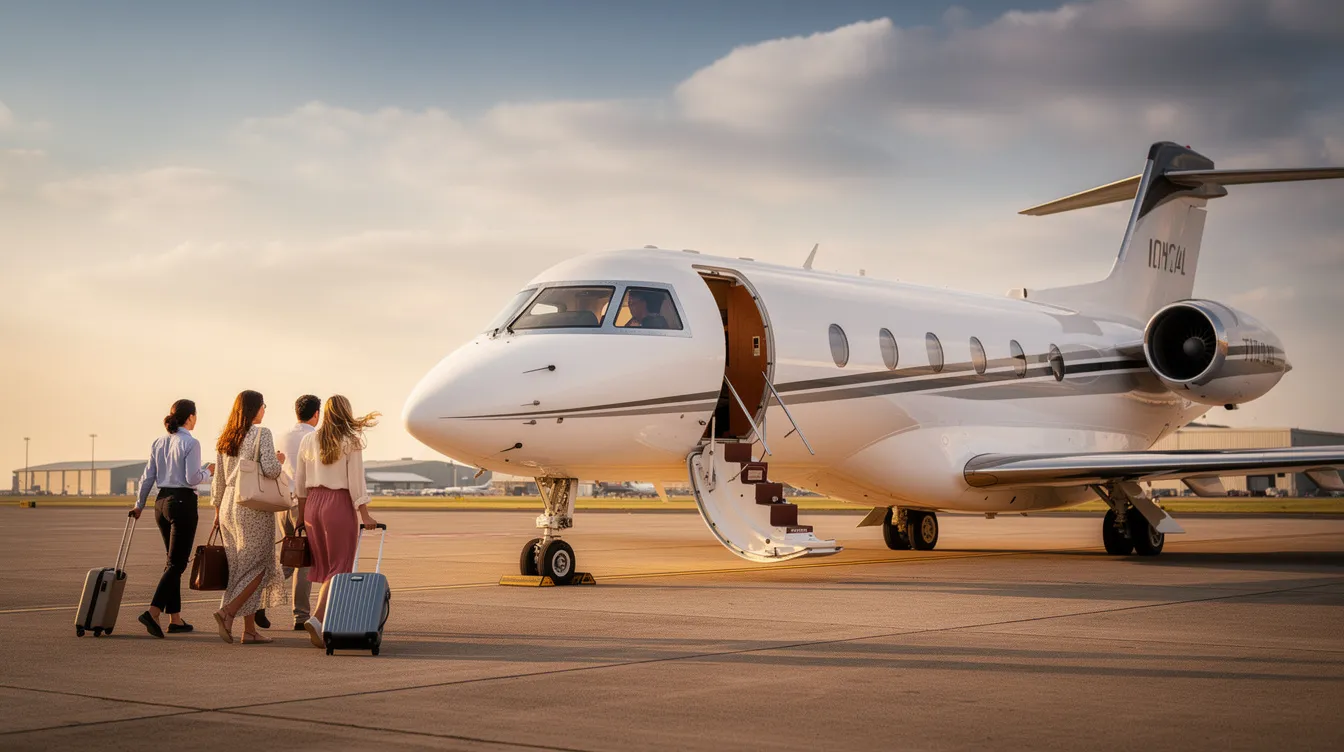 A modern private jet is parked on the tarmac as passengers approach the boarding stairs, highlighting the convenience of private aviation. This scene emphasizes the advantages of private jet travel, offering a personalized flying experience and significant time savings compared to commercial airlines.