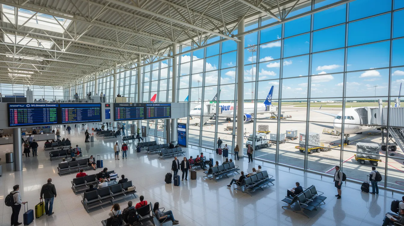 A wide-angle view of a bustling commercial airport terminal features large glass windows revealing multiple commercial aircraft parked at their gates under a bright, sunny sky. Travelers can be seen navigating through the terminal, which is filled with airline websites and ticket counters, reflecting the vibrant activity of the day.