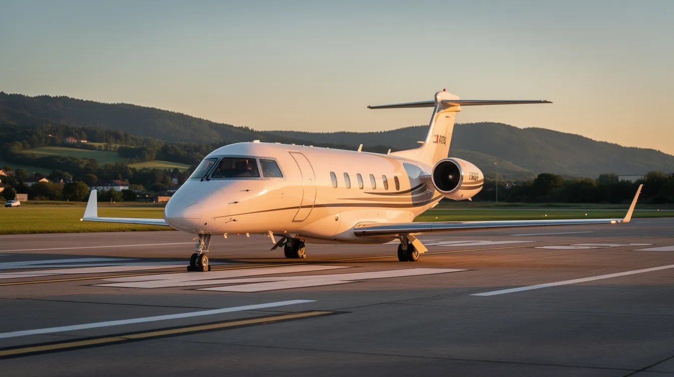 A small private jet is parked on a quiet regional airport runway, surrounded by lush green hills at golden hour, creating a serene travel scene for business travelers. This image captures the essence of private air travel, highlighting the luxury and exclusivity often sought by frequent flyers.