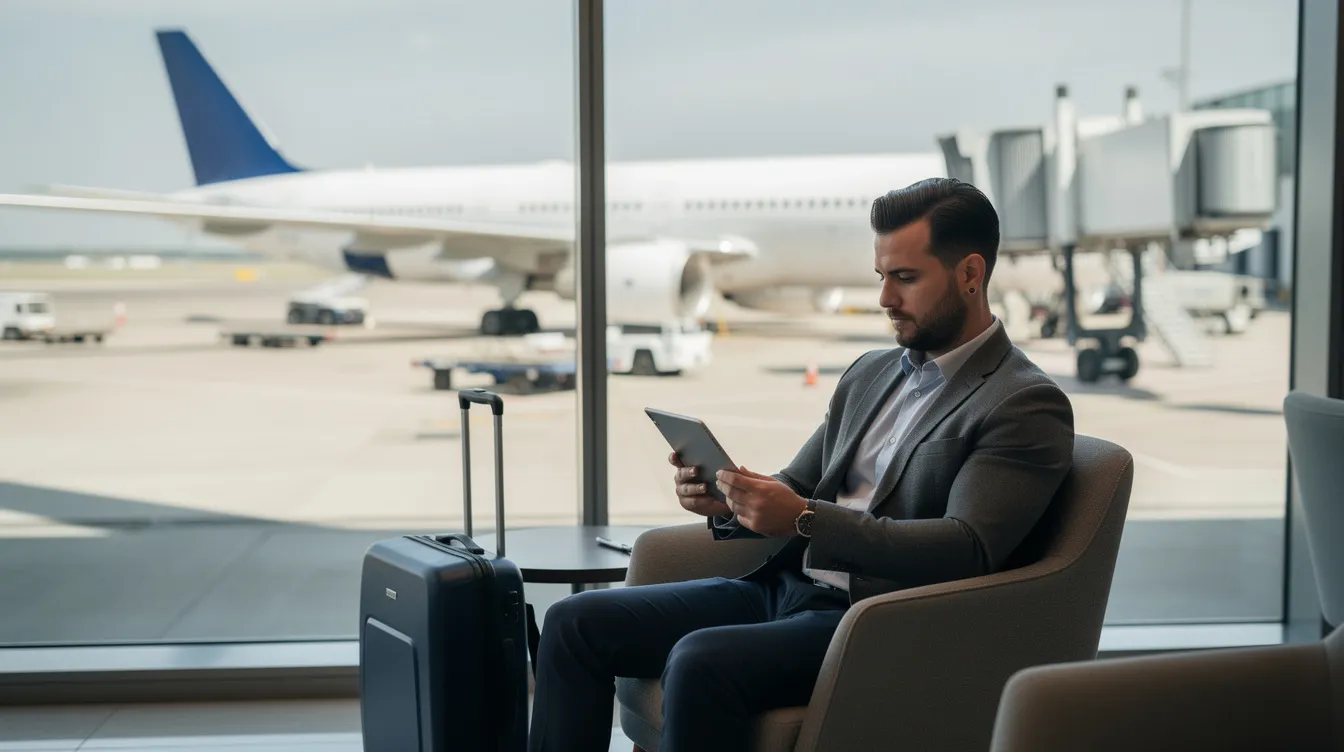 A business traveler is seated in an airport lounge, focused on a tablet device while looking out at aircraft through the window. The scene captures the essence of travel planning, as the traveler may be checking airline websites for flight prices and schedules.