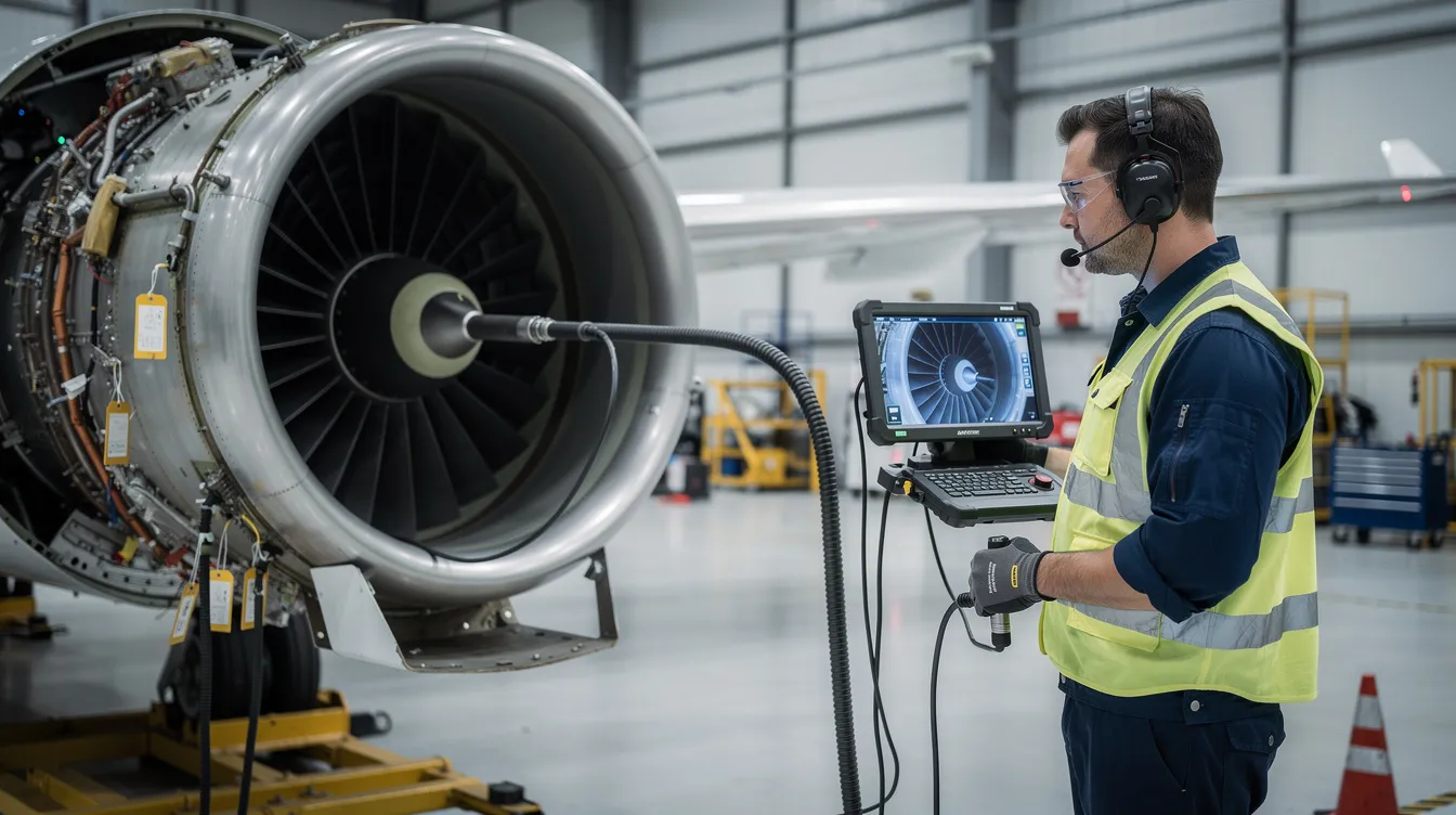 An aircraft maintenance technician is performing a borescope inspection on a jet engine, ensuring the operational efficiency and safety of private jets. This detailed inspection is crucial for maintaining the performance of business aviation and pre-owned aircraft.