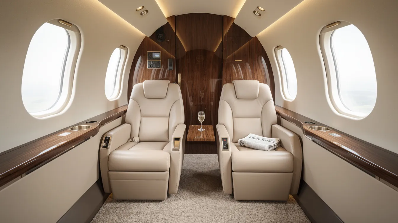 The image depicts the elegant interior of a midsize private jet cabin, featuring plush leather seats and rich wood trim, providing a luxurious travel experience. This setting reflects the high standards of aircraft management group inc, ideal for those looking to create memorable journeys.
