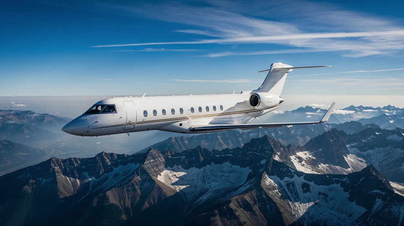 A sleek private jet soars above majestic snow-capped mountain peaks under a clear blue sky, showcasing the beauty of nature from above. This scene captures the essence of luxury travel and adventure, inviting viewers to learn more about the world of private aviation.